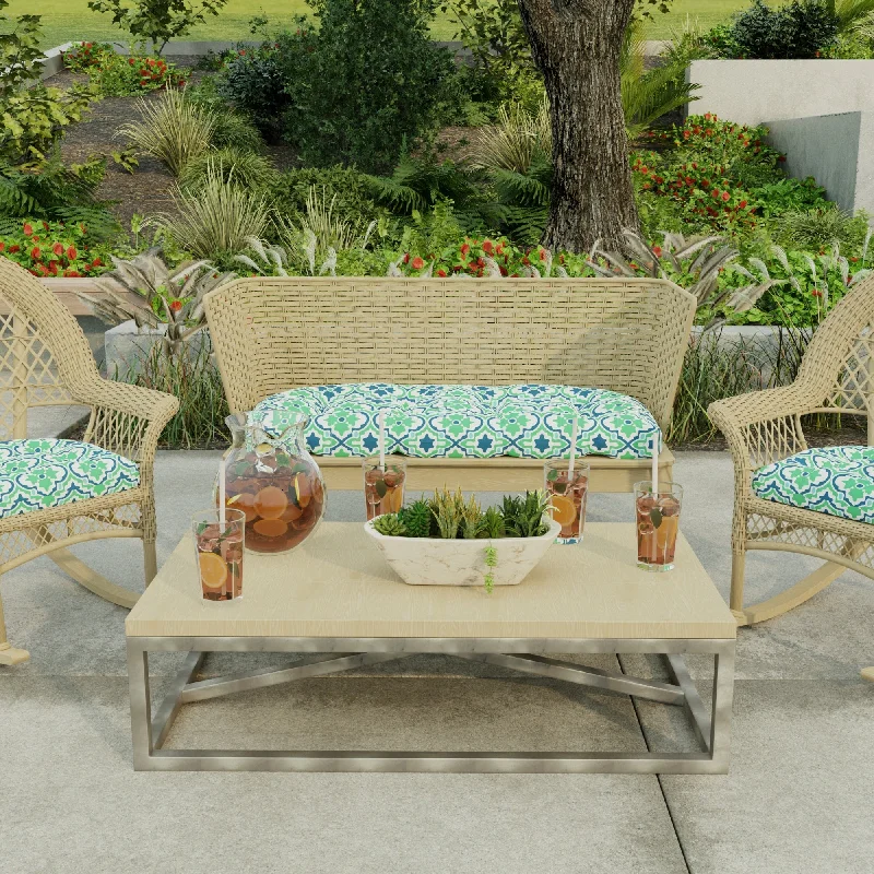 44" x 18" Blue and Green Quatrefoil Contoured Outdoor Wicker Bench Cushion - 18'' L x 44'' W x 4'' H