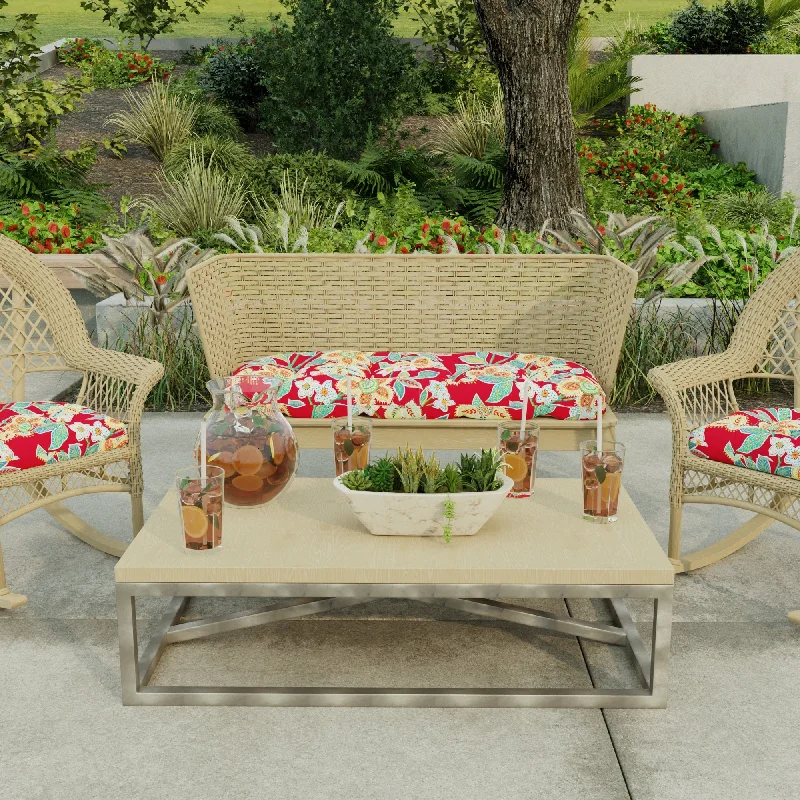 44" x 18" Red Floral Contoured Outdoor Wicker Bench Cushion - 18'' L x 44'' W x 4'' H