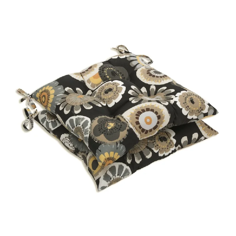 Black/ Yellow Floral Outdoor Tufted Seat Cushions (Set of 2)