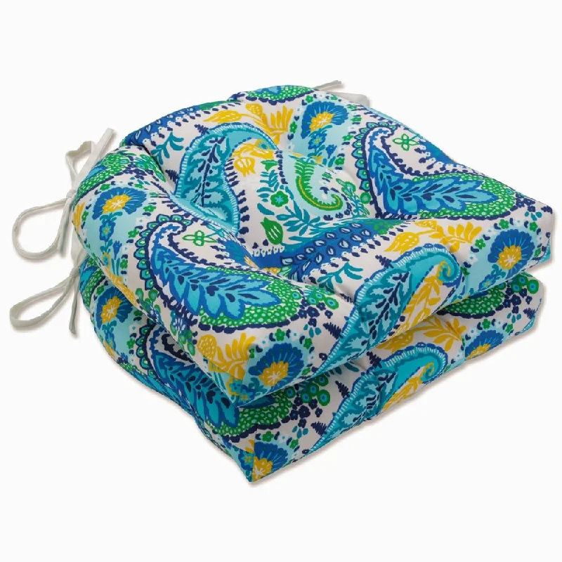 Pillow Perfect Outdoor Amalia Paisley Blue Deluxe Tufted Chairpad (Set of 2) - 17 X 17.5 X 4 - 17 X 17.5 X 4