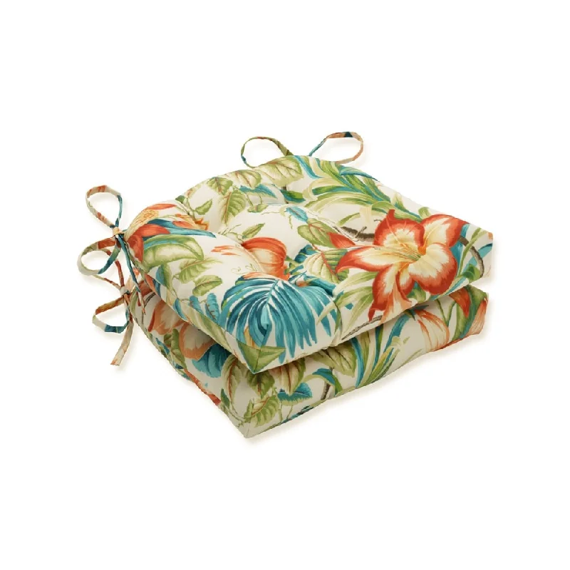 Pillow Perfect Outdoor Botanical Glow Tiger Lily Deluxe Tufted Chairpad (Set of 2) - 17 X 17.5 X 4 - 17 X 17.5 X 4