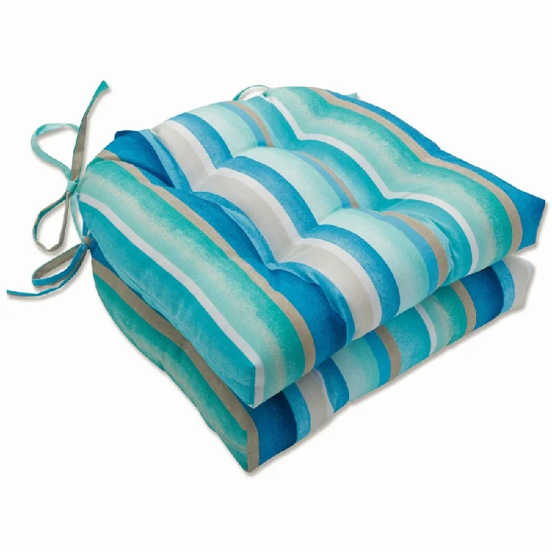 Pillow Perfect Outdoor Dina Seaside Blue Deluxe Tufted Chairpad (Set of 2) - 17 X 17.5 X 4 - 17 X 17.5 X 4