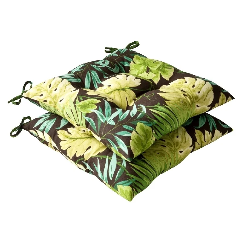 Pillow Perfect Outdoor Green/ Brown Tropical Tufted Seat Cushions (Set of 2)