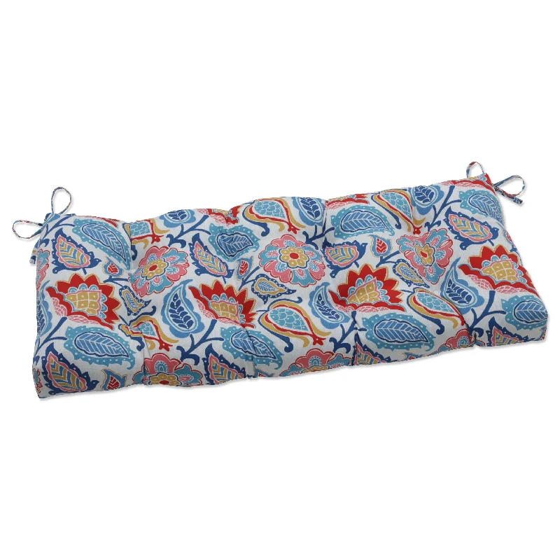 Pillow Perfect Outdoor | Indoor Moroccan Flowers Slate Blue Outdoor Tufted Bench Swing Cushion 48 X 18 X 5