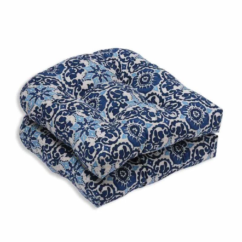 Pillow Perfect Outdoor/ Indoor Woodblock Prism Blue Wicker Seat Cushion (Set of 2)