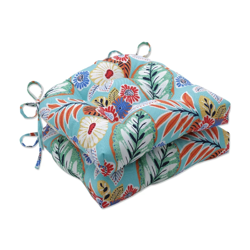 Pillow Perfect Outdoor Marlow Aqua Reversible Chair Pad (Set of 2) - 15.5 X 16 X 4 - 15.5 X 16 X 4