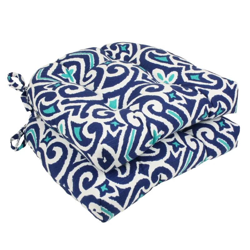 Pillow Perfect Outdoor New Damask Marine Reversible Chair Pad (Set of 2) - 15.5 X 16 X 4 - 15.5 X 16 X 4