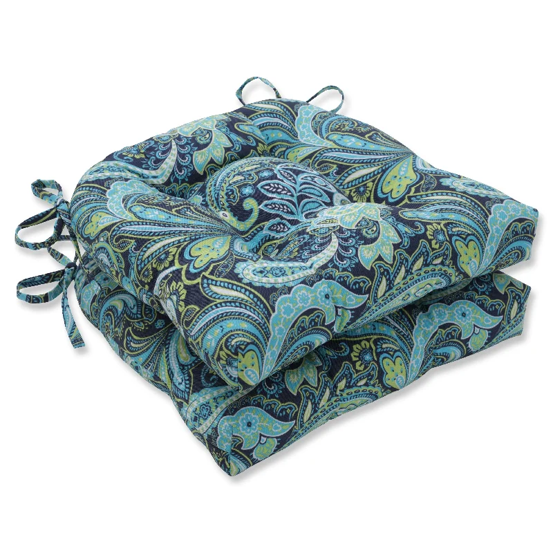 Pillow Perfect Outdoor Pretty Paisley Navy Deluxe Tufted Chairpad (Set of 2) - 17 X 17.5 X 4 - 17 X 17.5 X 4