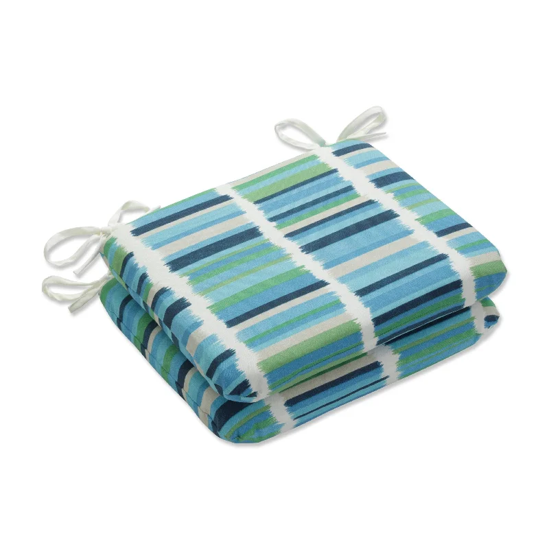 Pillow Perfect Outdoor Solar Stripe Azure Rounded Corners Seat Cushion (Set of 2) - 15.5 X 18.5 X 3 - 15.5 X 18.5 X 3