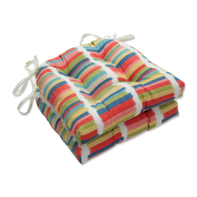 Pillow Perfect Outdoor Solar Stripe Fruit Punch Deluxe Tufted Chairpad (Set of 2) - 17 X 17.5 X 4 - 17 X 17.5 X 4