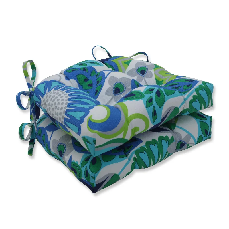 Pillow Perfect Outdoor Sophia Turquoise/Green Deluxe Tufted Chairpad (Set of 2) - 17 X 17.5 X 4 - 17 X 17.5 X 4