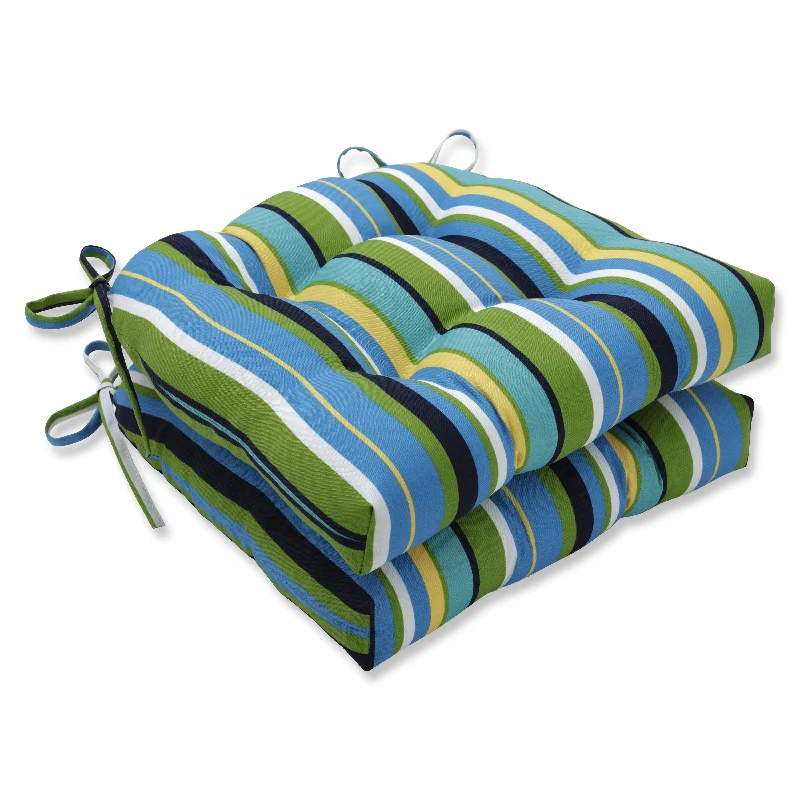 Pillow Perfect Outdoor Topanga Stripe Lagoon Reversible Chair Pad (Set of 2) - 15.5 X 16 X 4 - 15.5 X 16 X 4