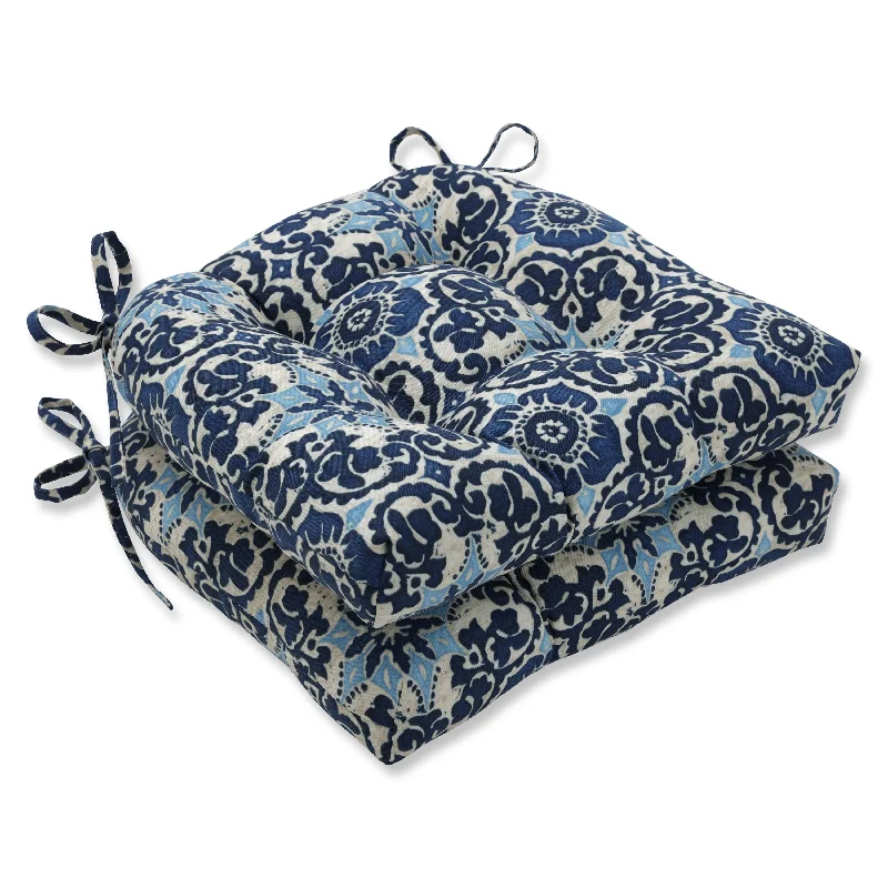 Pillow Perfect Outdoor Woodblock Prism Blue Deluxe Tufted Chairpad (Set of 2) - 17 X 17.5 X 4 - 17 X 17.5 X 4