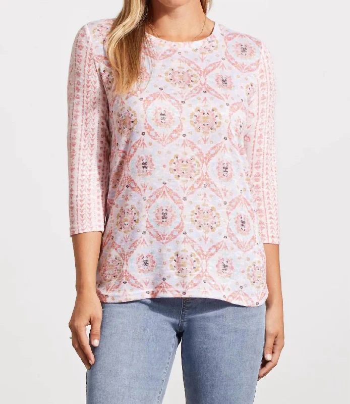 3/4 Sleeve Mixed Print Top In Pink