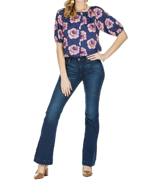 Annabella Button Peasant Blouse In Navy Rose