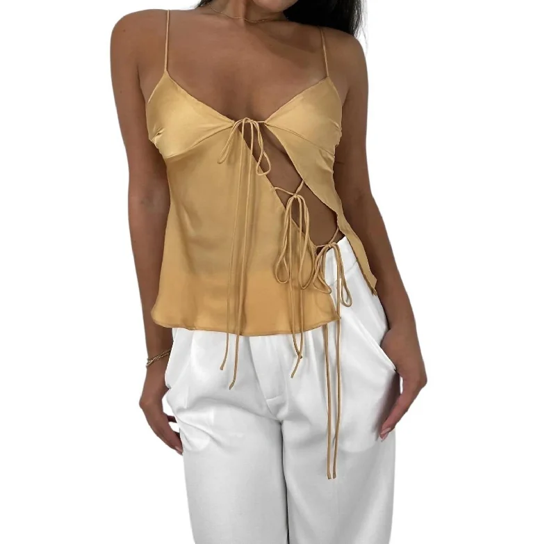 Asymmetrical Tie Cut Out Satin Tank Top In Gold