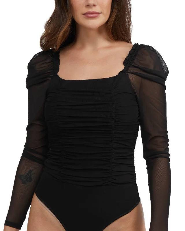 Bebe Women's Rushed Mesh Puff Sleeve Bodysuit