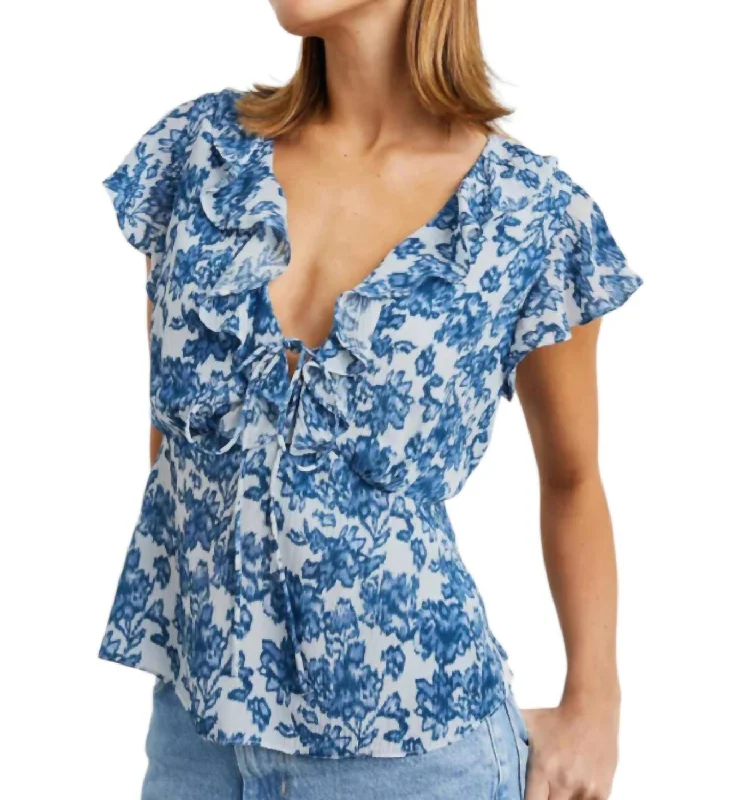 Carmine Flutter Top In Chambray Floral