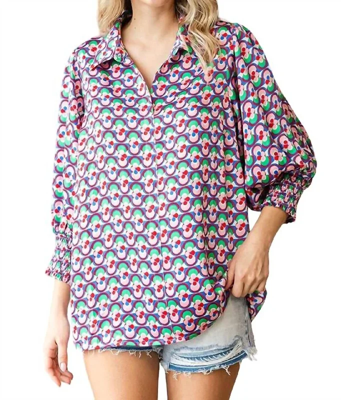 Collared Satin Top In Abstract Print