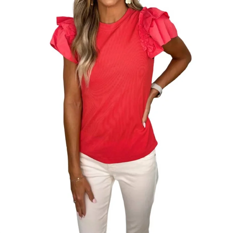 Double Ruffled Sleeve Top In Red