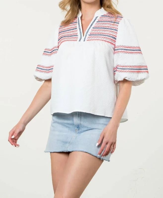 Embroidered Puff Sleeve Textured Top In White