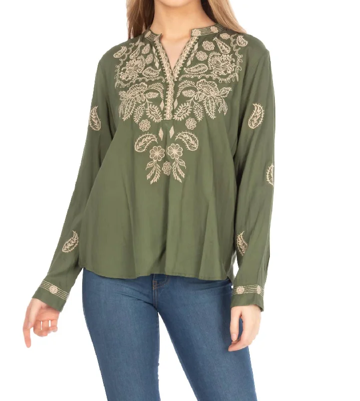 Embroidery Boho Tunic In Dark Green