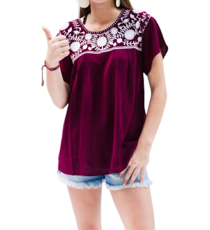 Fiesta Embroidered Top In Maroon