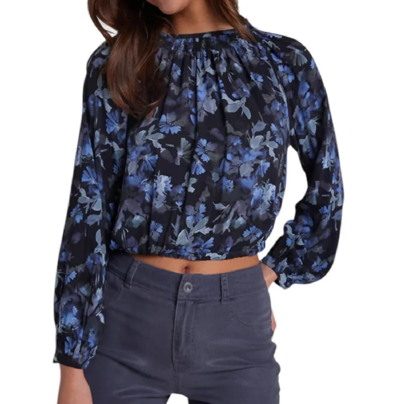 Floral Tie Back Smocked Top In Blue/black