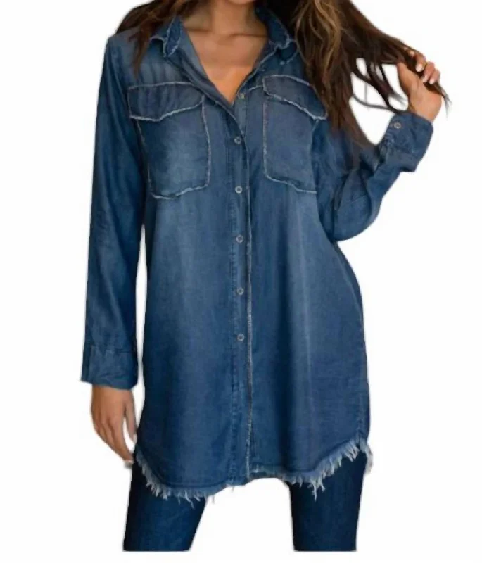 Fringe Edge Lurex Trim Long Sleeve Denim Top