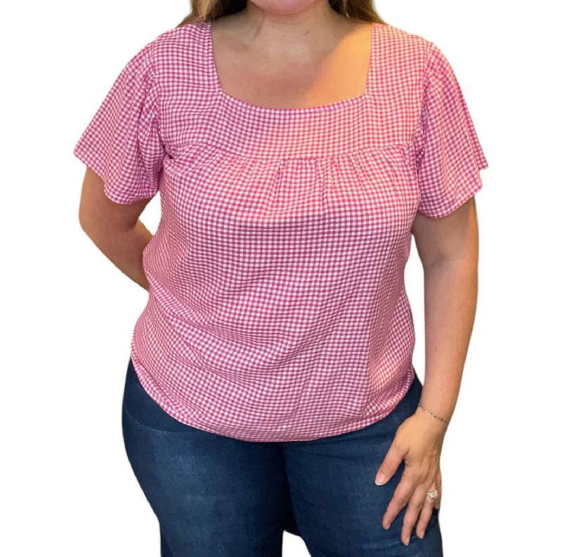 Gingham Flutter Sleeve Top In Hot Pink