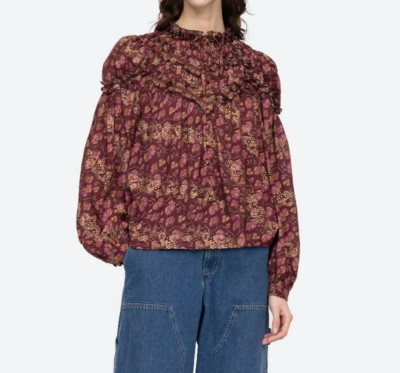 Guilia Print Long Sleeve Button Down Top In Maroon