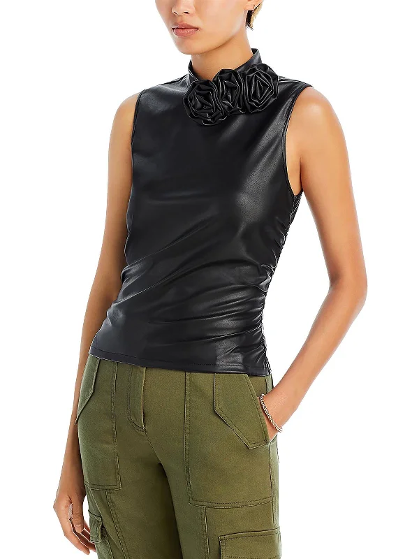 Josie Womens Faux Leather Mock Neck Shell