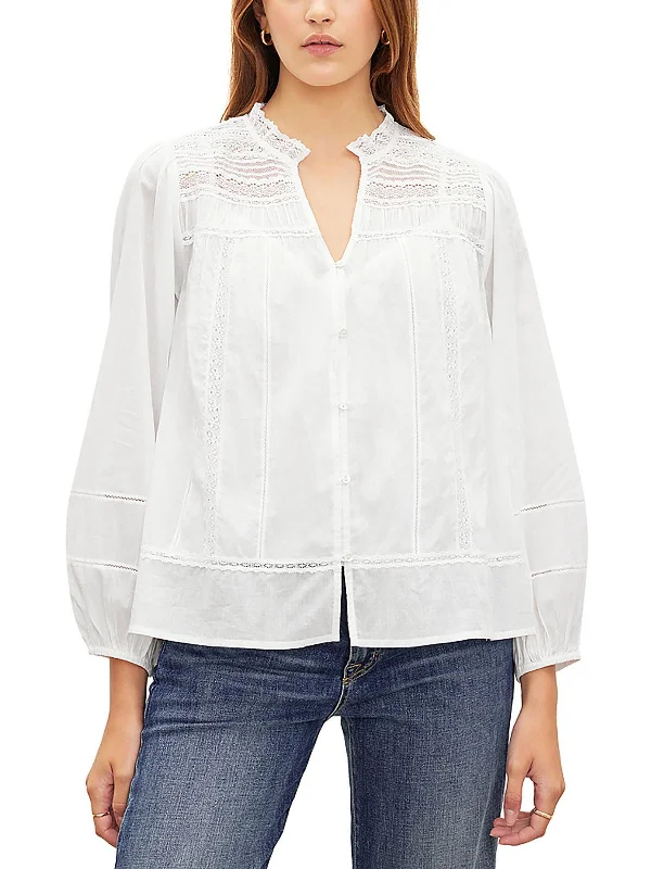 Liam Womens Lace-Trim Long Sleeve Button-Down Top