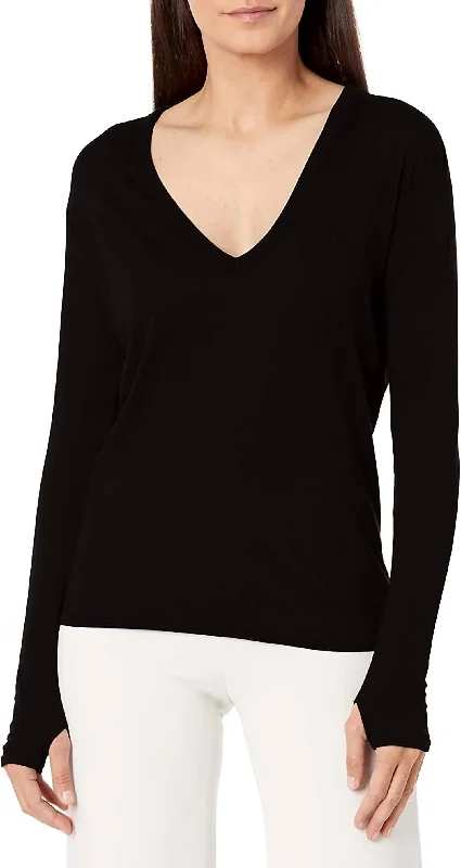 Loose Long Sleeve V-Neck Top In Black