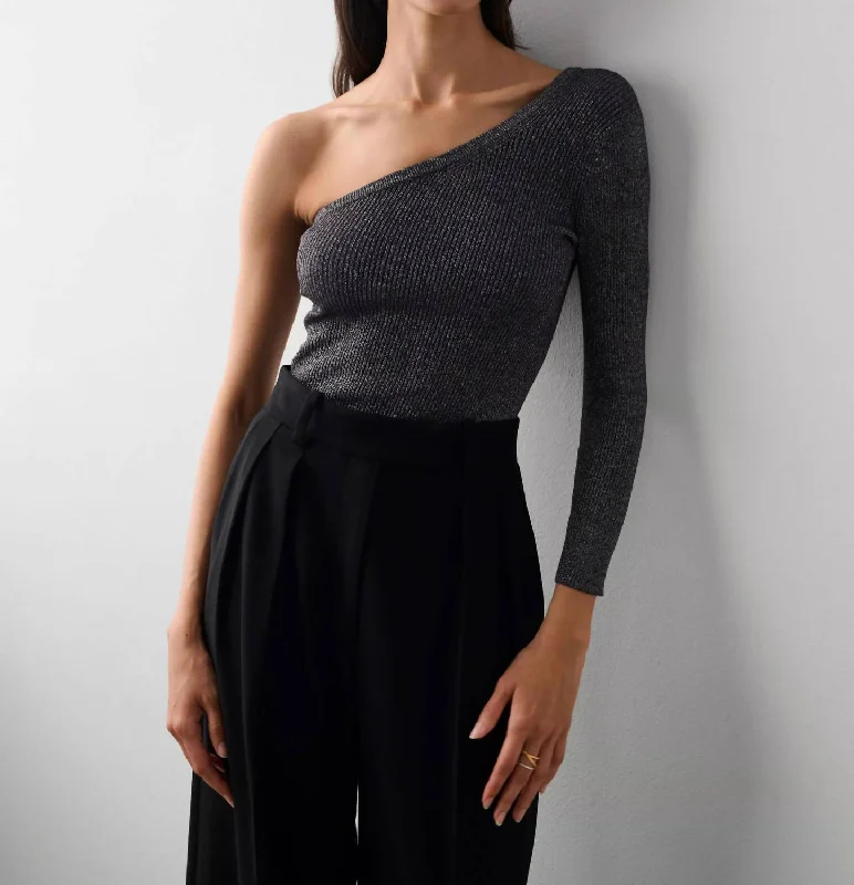 Lurex Shine Ribbed One Shoulder Top In Black Shine