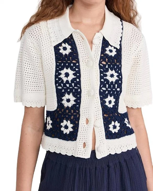 Milan Top In Navy Crochet Daisies