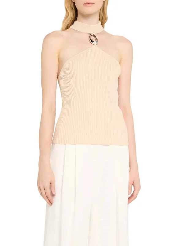 Mock Neck Top In Sand With Hardware