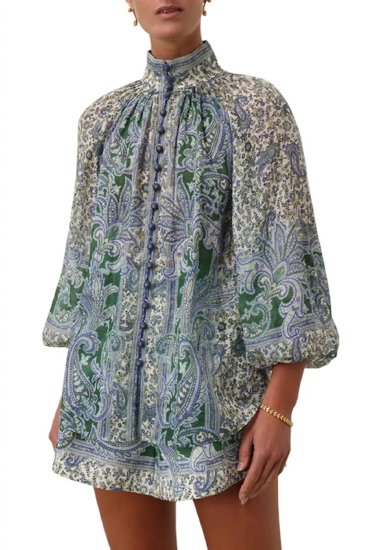 Ottie Billow Blouse Top In Green Paisley