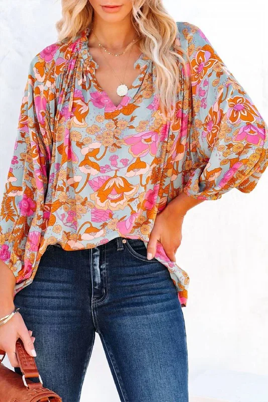 Retro Print Blouse In Blue Floral