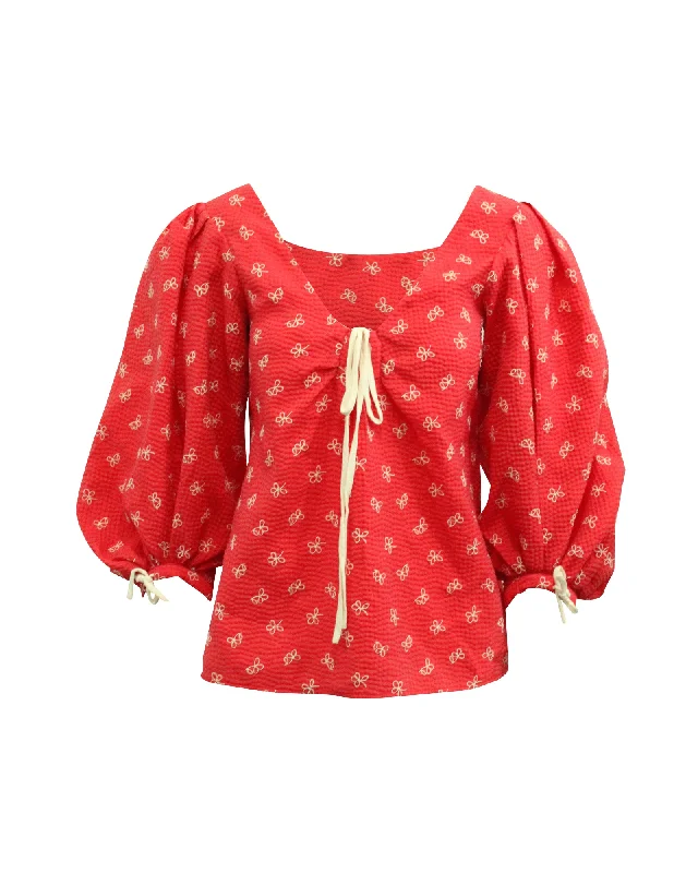 Rosie Assoulin Floral Tie Neck Blouse in Red Polyester