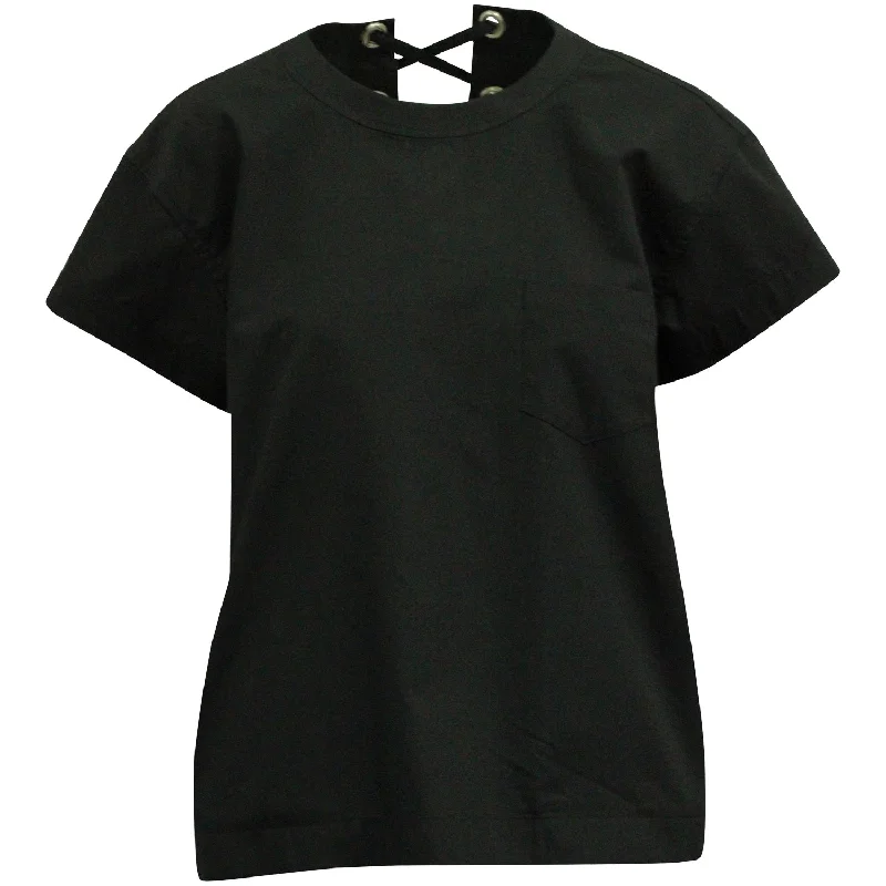 Sacai Laced-up Back Short Sleeve Top in Black Poly Cotton