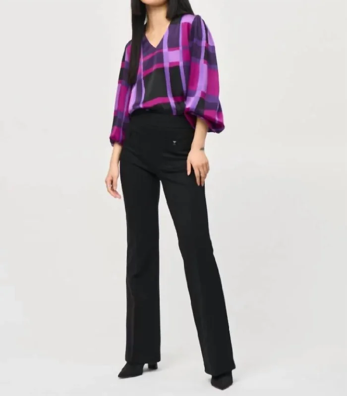 Satin Abstract Plaid Print Top In Purple Blouse