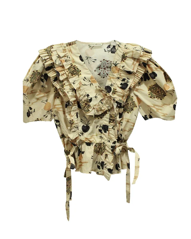 Ulla Johnson Ruffled Floral Print Wrap Blouse in Beige Cotton