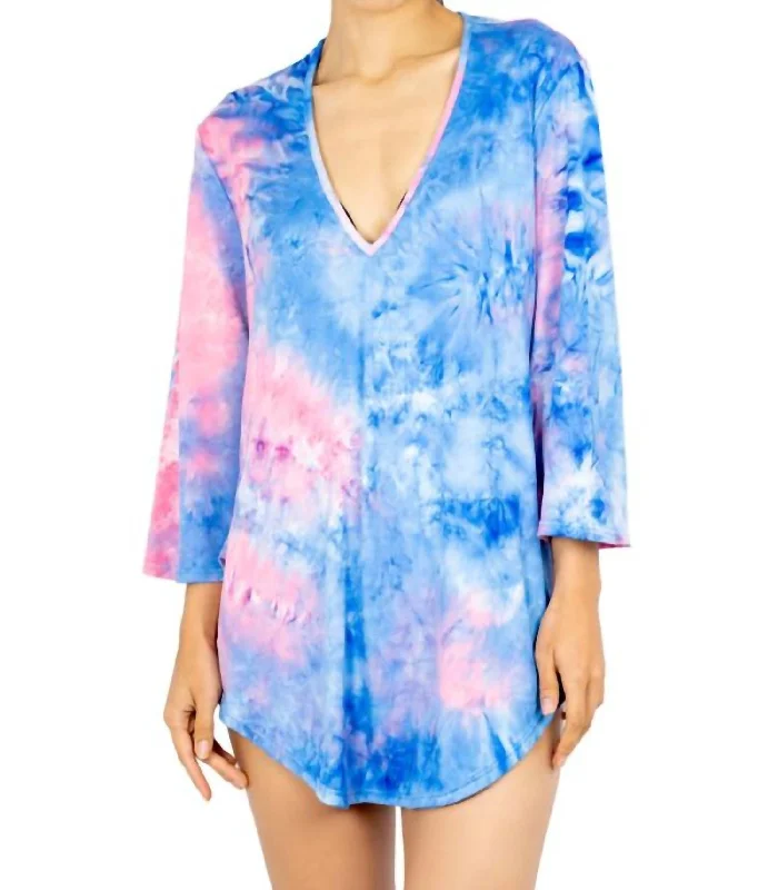 V-Neck Bell Sleeve Tunic Top In Pink / Blue