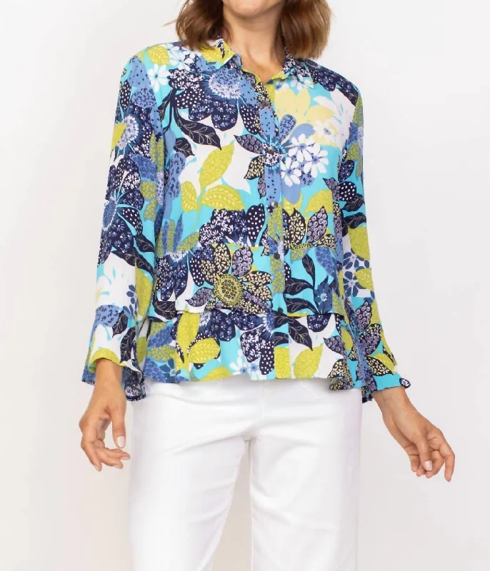 Vintage Print Flounce Top In Lake