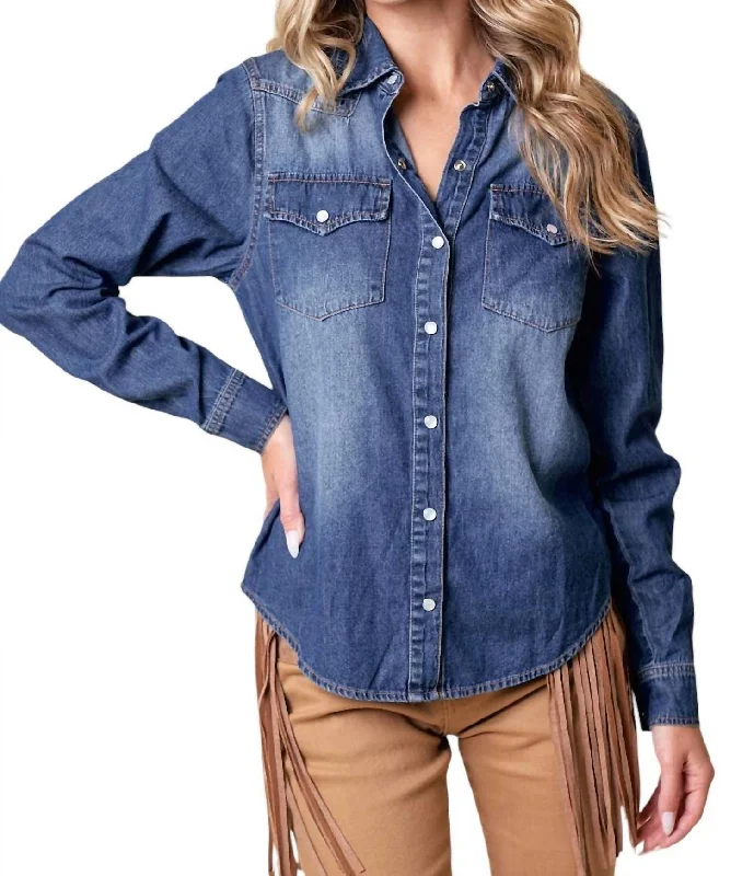 Western Snap Button Denim Shirt In Dark Wash