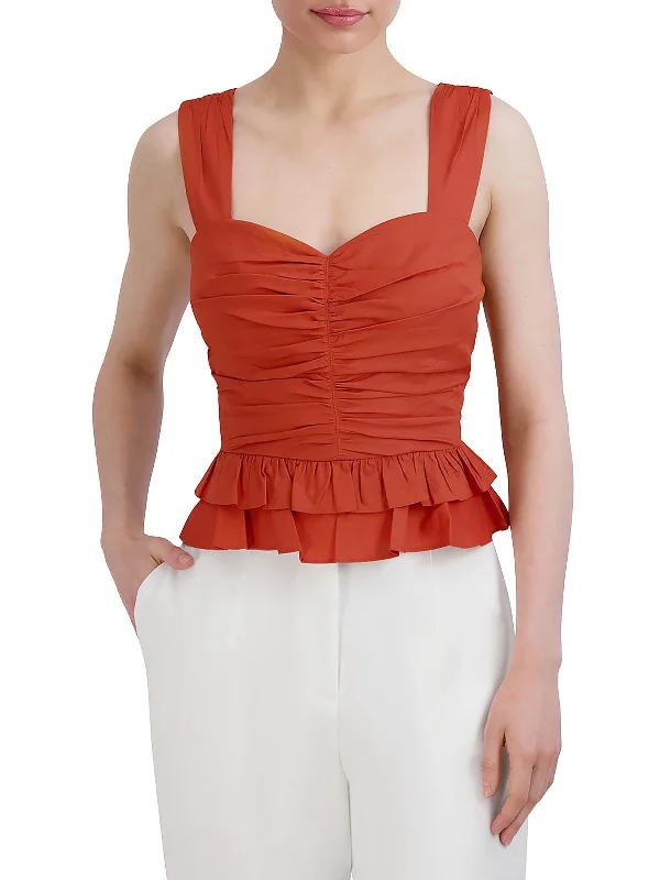 Womens Cotton Blend Ruched Peplum Top