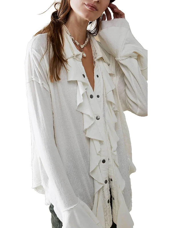 Womens Cotton Ruffled Button-Down Top