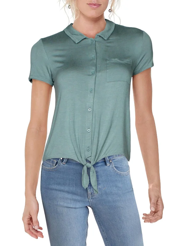 Womens Heathered Short Sleeves Button-Down Top