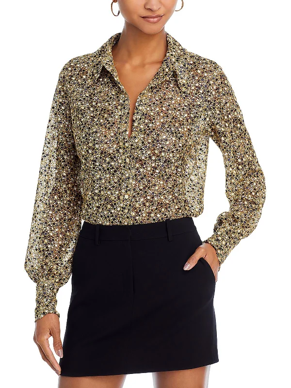 Womens Metallic Embroidered Button-Down Top